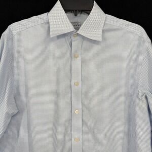 Charles Tyrwhitt Mens Non Iron Dress Shirt 15.5 37 Blue White Grid Check Cotton